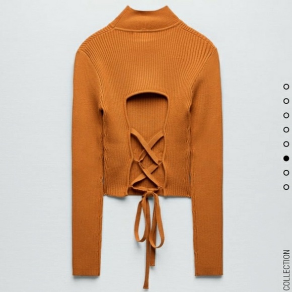 ZARA Sexy Orange Open Cut Out Back Lattice Long Sleeve Turtleneck Ribbed Sweater - Picture 8 of 14